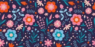 floral desatado padronizar com fofa selvagem flores em uma Sombrio fundo, desenho animado estilo. na moda moderno vetor ilustração, mão retirou, plano