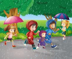 Crianças correndo na chuva vetor