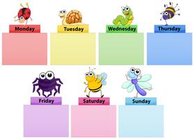 Modelo de banner de dias da semana com insetos coloridos