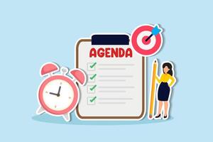 encontro agenda, prioridade importante tarefa para discussão, objetivo ou objetivo para terminar, planejador ou lista de controle para escritório trabalhos conceito, inteligente o negócio mulher aguarde lápis escrever encontro agenda com relógio. vetor