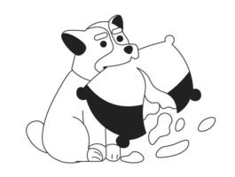 fofa cachorro mastigar travesseiro Preto e branco desenho animado plano ilustração. danadinho cachorro destruindo sofá almofada linear 2d personagem isolado. feliz acidente corgi cachorrinho bagunça monocromático cena vetor imagem