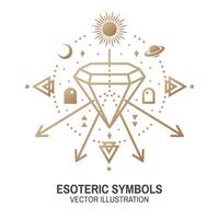 símbolos esotéricos. vetor. distintivo geométrico de linha fina. ícone de contorno para alquimia ou geometria sagrada. design místico e mágico com símbolos e cristais de alquimia. vetor