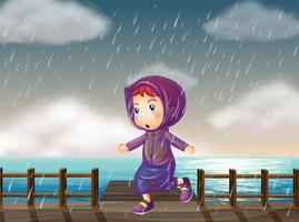 Garota correndo na chuva no cais vetor