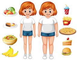 Apto e mulher com excesso de peso com comida