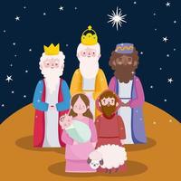 feliz epifania, desenho animado de três reis sábios José, bebê Jesus e ovelhas vetor