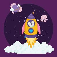 foguete de lançamento espacial com aventura de astronauta coala explorar desenho animado vetor