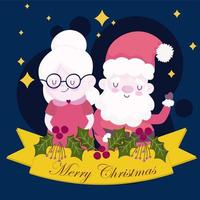 Feliz Natal, Papai Noel e Sra. claus cartoon cartão de fita vetor