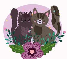 gatos fofos com flores decorativas folhagem natureza, desenho de animal de estimação vetor