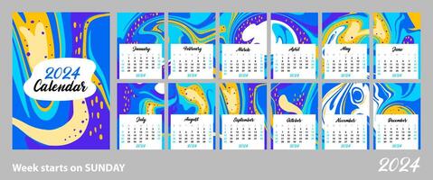 abstrato calendário do 2024. brilhante Rosa pontos e ondas. a semana começa em Domingo. disposição para impressão a4,a5 vetor