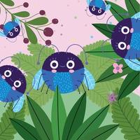 engraçado bug azul criatura animais folhagem folhas desenho animado vetor