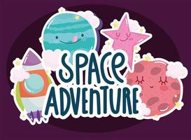 espaço aventura nave espacial bonito cartoon estrela e planetas vetor