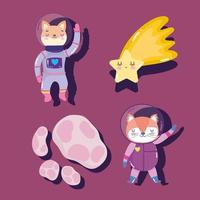 astronauta espacial raposa gato estrela e aventura cometa exploram ícones de desenhos animados de animais vetor