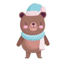 Feliz Natal, urso fofo com isolamento de ícone de celebração de chapéu e lenço vetor