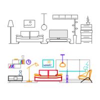 Linha fina design plano da moderna sala de estar com móveis, versão colorida das linhas na cor do modo de sobreposição.
