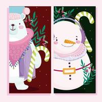 feliz natal, boneco de neve fofo urso polar baga de azevinho e bastões de doces banner vetor