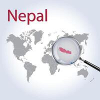 uma ampliação vidro em Nepal do a mundo mapa, ampliação Nepal mapa com gradiente fundo e Nepal bandeira em mapa, vetor arte