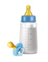 3d realista vetor ícone ilustração. bebê Garoto azul leite garrafa com chupeta. isolado em branco.