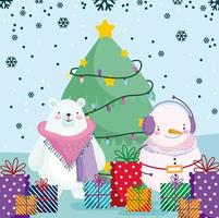 Feliz Natal, bonito urso polar de boneco de neve com presentes e árvore, fundo de flocos de neve vetor