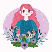 bela mulher com animal de estimação gato malhado e desenho de flores vetor