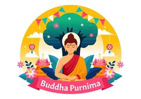 feliz Buda purnima vetor ilustração do vesak dia ou indiano festival para espiritual com dentro uma profundo meditação dentro plano desenho animado fundo