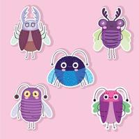 insetos engraçados animais desenhos animados ícones de estilo adesivos vetor