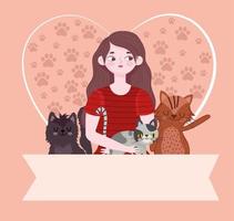 beleza mulher desenho animado coração de gatos com patas e banner vetor