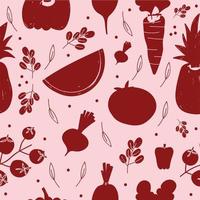 padrão alimentar silhueta vermelha de vegetais e fundo de frutas vetor