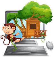 Macaco subindo a casa da árvore na tela do computador vetor