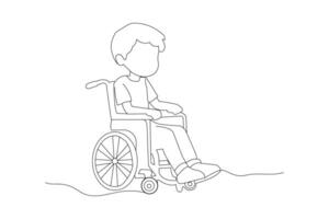 pequeno Garoto sentado em cadeira de rodas contínuo esboço vetor. incapacidade criança 1 linha arte desenho. vetor