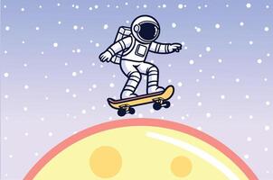 fofa astronauta equitação skate dentro lua desenho animado vetor ícone ilustração. Ciência Comida ícone conceito isolado Prêmio vetor. plano desenho animado estilo