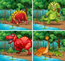 Quatro cenas de dinossauros no parque vetor