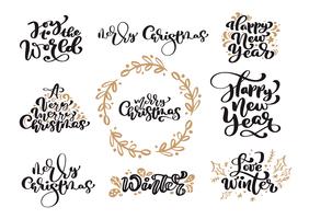 Conjunto de texto de vetor de rotulação de caligrafia vintage feliz Natal com elementos de design escandinavo de desenho de inverno. Para design de arte, estilo de brochura de maquete, folheto de impressão de livreto, cartaz