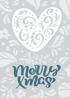 Texto da rotulação da caligrafia do vetor do Xmas escandinavo alegre no projeto de cartão do Natal com coração. Ilustração de mão desenhada de textura floral. Objetos isolados