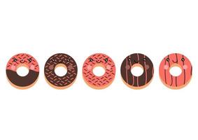 uma coleção de donuts com vários sabores e cores brilhantes, sabores chocolate doce e morango com rosto fofo e adorável vetor