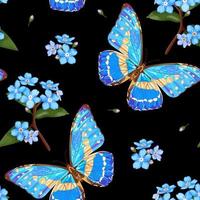 flores e borboletas não-me-esqueças. padrão floral sem costura com borboleta azul néon e flores Miosótis, myosotis em um fundo preto. ilustração em vetor de estoque.