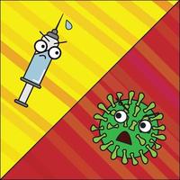 vacina contra luta corona desenhada em estilo cômico, onde a vacina covid-19 está prestes a combater o coronavírus. a tela é dividida em duas, vermelha e amarela. o pôster usa cores que chamam a atenção. vetor