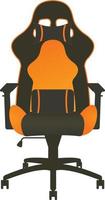 vetor de cadeira de jogo, em tema escuro com elementos laranja. travesseiros com listras laranja.