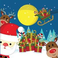 cartão de Natal. Papai Noel com presentes, boneco de neve, veado e árvore de Natal. banner feliz natal e feliz ano novo vetor