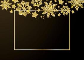 flocos de neve dourados caindo sobre fundo preto. fronteira de flocos de neve dourada com ornamentos diferentes. guirlanda de Natal de luxo. enfeite de inverno para embalagens, cartões, convites. ilustração vetorial.