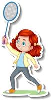 Adesivo de personagem de desenho animado com uma garota jogando badminton vetor