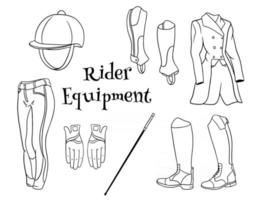 outfit rider um conjunto de roupas para um capacete de chicote de calças de pedjak botas de jóquei em livros de colorir estilo de linha. vetor