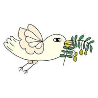 cartoon doodle pássaro pomba voadora, pombo com ramo de Oliveira, isolado no fundo branco. símbolo de paz. vetor