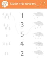 jogo de correspondência com nuvem e gotas de chuva. atividade matemática do clima de outono para crianças em idade pré-escolar. planilha de contagem de outono. impressão educacional com elementos engraçados fofos para crianças vetor