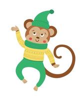 macaco saltador de vetor no chapéu, lenço e camisola. ilustração animal de inverno bonito. design de cartão de Natal engraçado. impressão de ano novo com personagem sorridente macaco saltador com chapéu, cachecol e suéter