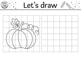 complete a imagem da abóbora. planilha de prática de desenho de jardim vetorial. atividade em preto e branco para impressão de ação de graças de outono para crianças em idade pré-escolar. copie a imagem jogo temático de inseto vetor