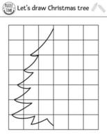 complete a imagem da árvore do abeto. planilha de prática de desenho de Natal do vetor. atividade de inverno para impressão em preto e branco para crianças em idade pré-escolar. copie o jogo de desenho para crianças. vetor