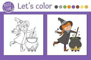 página para colorir de halloween para crianças. bruxa engraçada bonita com caldeirão. ilustração de contorno de férias de outono em vetor. Doce ou travessura livro de cores de festa para crianças com exemplos coloridos vetor