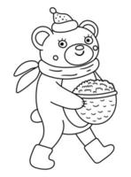 fofo urso preto e branco carregando cesta com frutas. vetor contorno outono personagem isolado no fundo branco. ícone animal da floresta de linha temporada outono. ilustração engraçada da floresta.