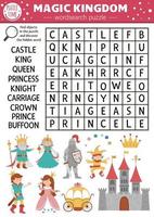 vector puzzle wordsearch de conto de fadas para crianças. Palavras cruzadas do reino mágico simples com criaturas de fantasia para crianças. atividade com cavaleiro, castelo, princesa, rei, príncipe, coroa. palavra cruzada de conto de fadas