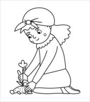 vetor preto e branco menina plantando flores com uma ilustração de pá. garoto bonito contorno fazendo trabalho no jardim. foto de atividade de jardinagem da linha de primavera ou página para colorir